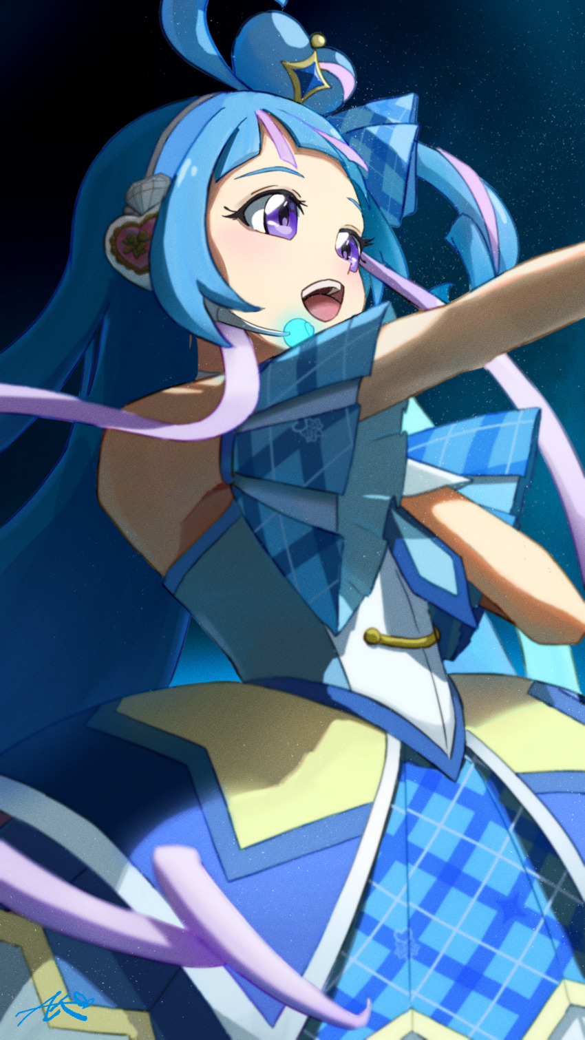 1girl a_creaty_t absurdres aokaze_nana arched_bangs bare_shoulders blue_bridal_gauntlets blue_dress blue_hair blue_theme bridal_gauntlets choker cure_wink detached_sleeves dress from_below from_side hair_bun hair_extensions hand_on_own_chest headset heart heart-shaped_hair heart_hair_bun highres idol idol_clothes kimi_to_idol_precure long_hair music open_mouth outstretched_arm plaid_armband plaid_clothes plaid_ribbon plaid_sleeves precure purple_eyes purple_streaks ribbon ribbon_choker singing solo teeth upper_teeth_only very_long_hair