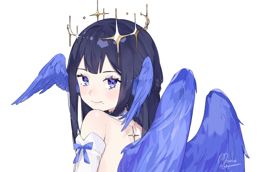1girl black_hair blue_eyes blush commentary detached_collar detached_sleeves english_commentary fang fang_out from_behind halo head_wings jewelry looking_at_viewer looking_back mole mole_under_mouth moonie necklace original skin_fang smile solo white_background wings