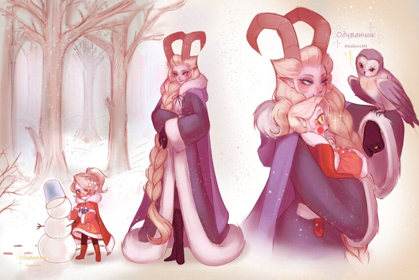 2girls bird blonde_hair blush_stickers braid charlie_morningstar coat demon_girl demon_horns hazbin_hotel highres horns lilith_(hazbin_hotel) long_hair lulilove181 mother_and_daughter multiple_girls owl purple_coat single_braid very_long_hair