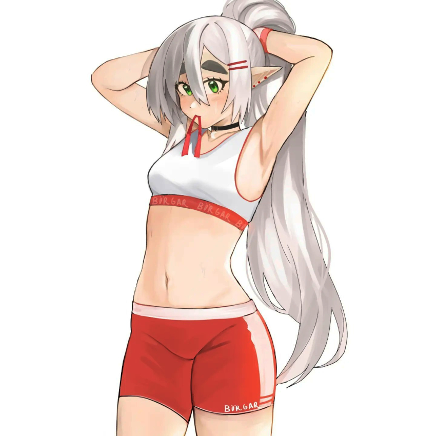 1girl armpits arms_up bike_shorts choker earrings green_eyes hair_ornament hairclip highres jewelry kumaartsu long_hair mouth_hold mythic_live nako_ryu navel original pointy_ears ponytail solo sports_bra sportswear thick_eyebrows tying_hair virtual_youtuber white_hair