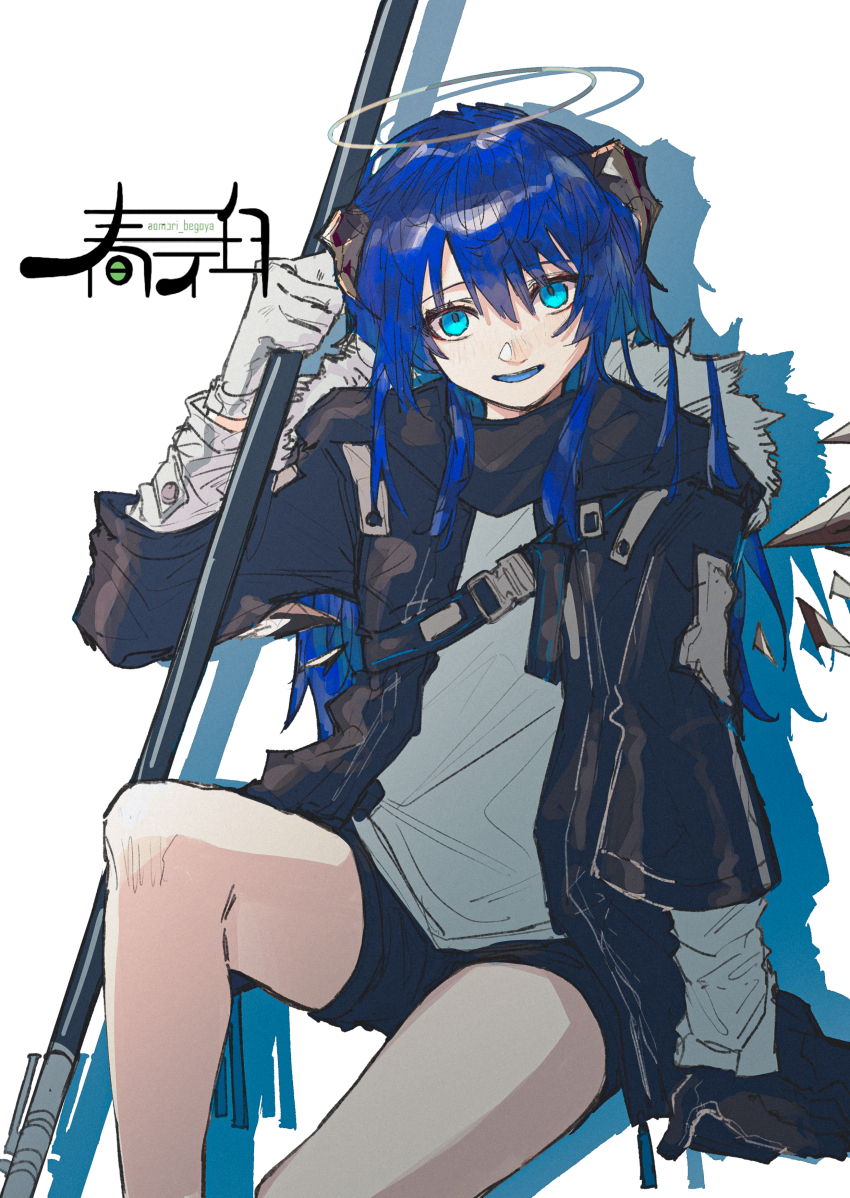 1girl absurdres arknights artist_logo asymmetrical_gloves black_gloves black_jacket black_shorts blue_eyes blue_hair colored_mouth commentary drop_shadow feet_out_of_frame gloves grey_gloves grey_halo hair_between_eyes halo harukan_tiusu highres holding invisible_chair jacket knee_up logo long_hair looking_at_viewer mismatched_gloves mostima_(arknights) shorts simple_background sitting solo strap white_background