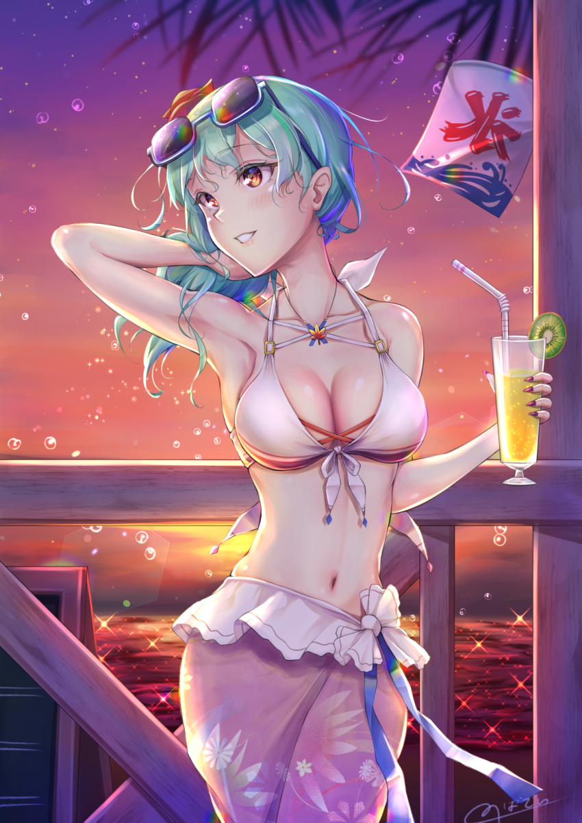 1girl akizora_mona arm_behind_head armpits bare_shoulders bikini breasts champagne_flute cleavage collarbone commentary cowboy_shot cup drinking_glass drinking_straw eyewear_on_head floral_print food front-tie_bikini_top front-tie_top fruit green_hair hand_in_own_hair highres holding holding_cup jewelry kiwi_(fruit) large_breasts looking_to_the_side medium_hair nail_polish navel necklace novady original purple_nails purple_skirt shiny_skin signature skirt solo stomach sunglasses sunset swimsuit water water_drop