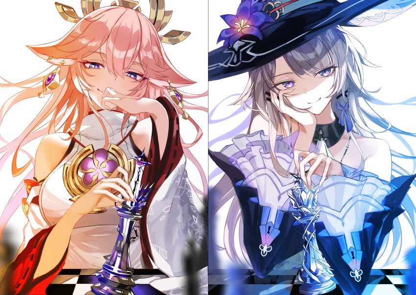 2girls absurdres animal_ears black_dress breasts brown_hair chess_piece chessboard commentary_request dress earrings fox_ears fox_girl genshin_impact hair_ornament hand_on_own_cheek hand_on_own_face hat herta_(honkai:_star_rail) highres holding holding_chess_piece honkai:_star_rail honkai_(series) japanese_clothes jewelry king_(chess) large_breasts mihoyo multiple_girls pink_hair purple_eyes queen_(chess) sas_(ls08b) simple_background smile the_herta_(honkai:_star_rail) white_background white_dress witch_hat yae_miko