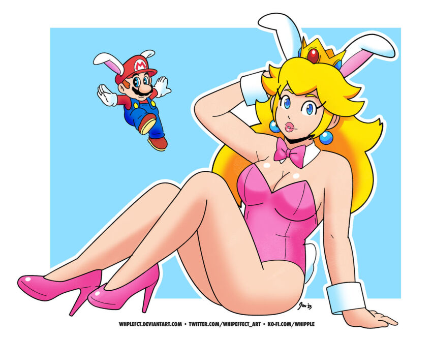 1boy 1girl bare_shoulders blonde_hair blue_eyes breasts bunny_mario cleavage crown earrings facial_hair gloves high_heels jewelry legs leotard long_hair looking_at_another looking_at_viewer mario mario_(series) mustache nintendo overalls playboy_bunny princess_peach rabbit_ears rabbit_tail super_mario_land_2