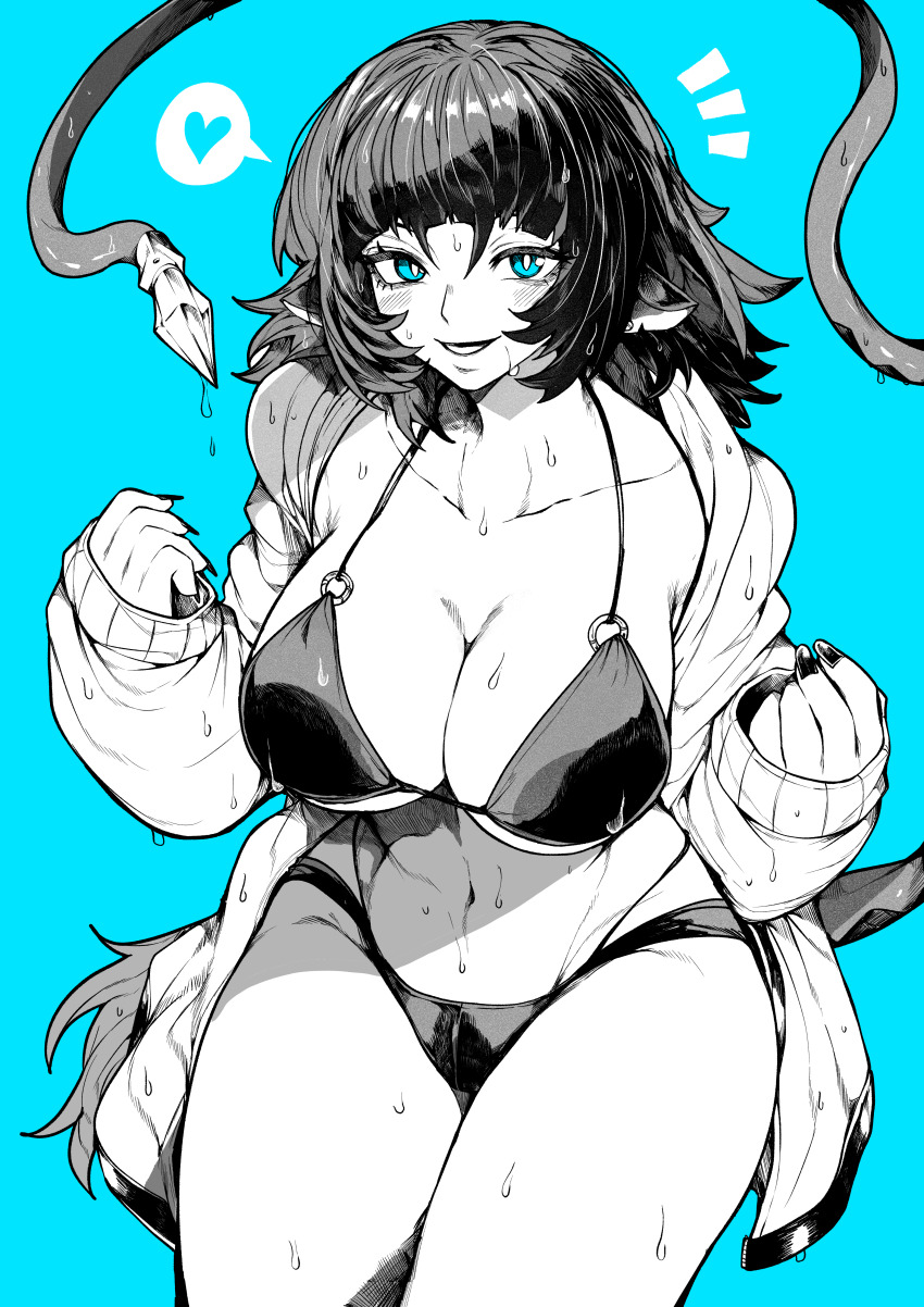 1girl absurdres animal_ears bikini blue_background blue_eyes breasts collarbone commentary_request cowboy_shot greyscale_with_colored_background heart highres jacket jane_doe_(zenless_zone_zero) large_breasts looking_at_viewer mouse_ears mouse_girl mouse_tail navel o-ring o-ring_top open_clothes open_jacket open_mouth simple_background sleeves_past_wrists solo spoken_heart swimsuit tail yotsumi_shiro zenless_zone_zero