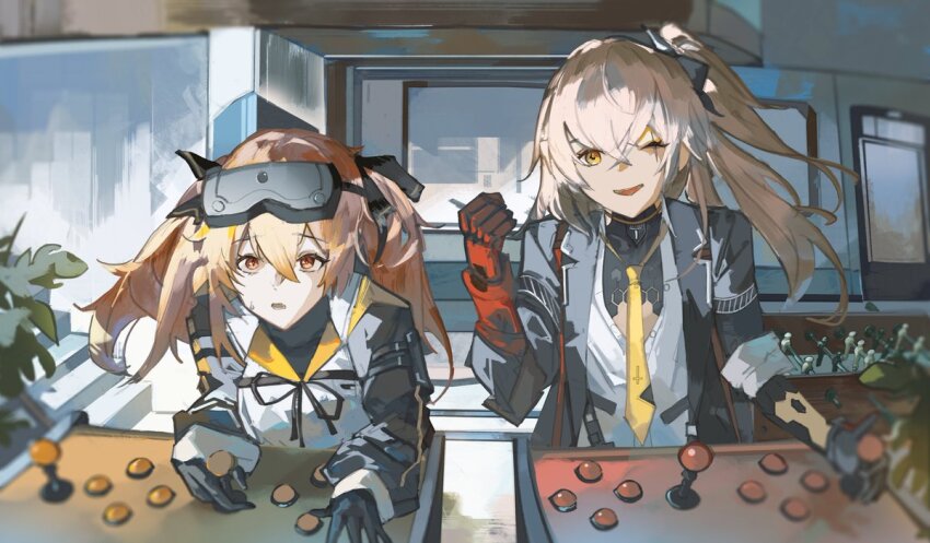 2girls black_gloves brown_hair crossed_bangs girls&#039;_frontline girls&#039;_frontline_2:_exilium gloves hair_between_eyes lenna_(girls&#039;_frontline_2) leva_(girls&#039;_frontline_2) long_hair long_sleeves looking_at_viewer mechanical_arms multiple_girls necktie open_mouth parted_lips ponytail red_eyes saturn_(saturn_illus) scar scar_across_eye scar_on_face single_mechanical_arm sleeves_rolled_up smile twintails ump45_(girls&#039;_frontline) ump9_(girls&#039;_frontline) yellow_necktie