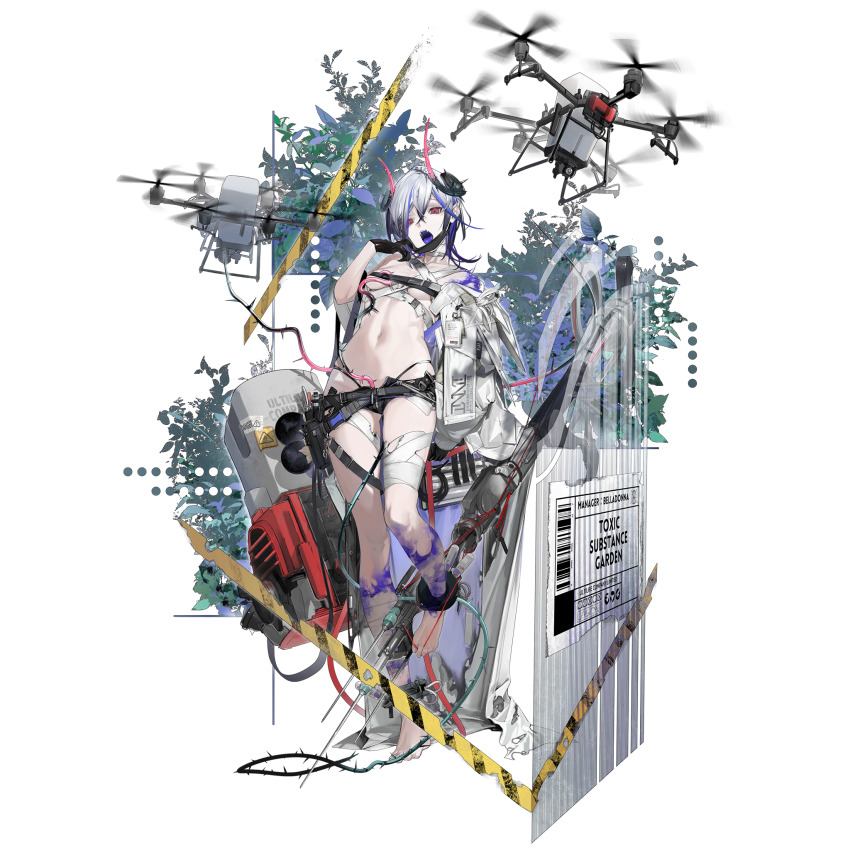 1girl albino artist_request bandaged_leg bandages barefoot belladonna_(neural_cloud) black_gloves blue_hair blue_tongue breasts chest_belt colored_tongue cuffs drone fangs full_body game_cg garden girls&#039;_frontline girls&#039;_frontline_neural_cloud gloves highres horns lab_coat looking_at_viewer mask mask_pull midriff mouth_mask navel needle off_shoulder official_art open_mouth plant shackles short_shorts shorts small_breasts solo standing third-party_source thorns transparent_background white_hair