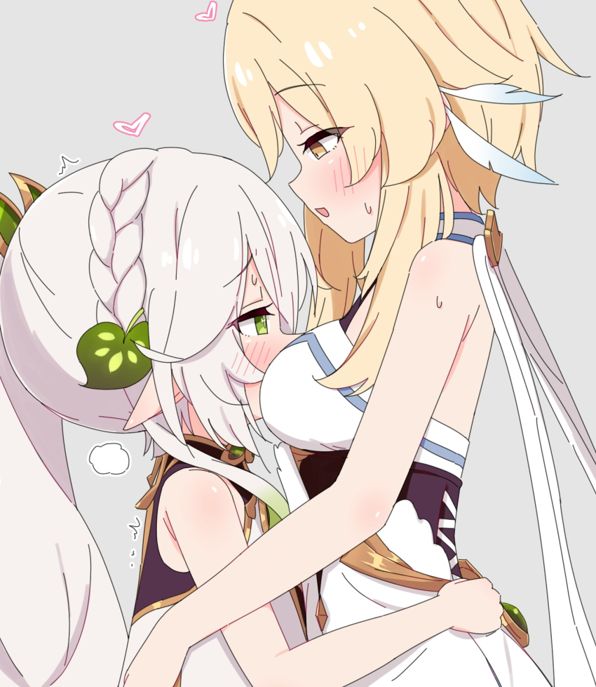 2girls azbchan1221 blonde_hair blush breasts dress genshin_impact green_eyes highres hug lumine_(genshin_impact) medium_breasts multiple_girls nahida_(genshin_impact) pointy_ears simple_background white_dress white_hair yuri