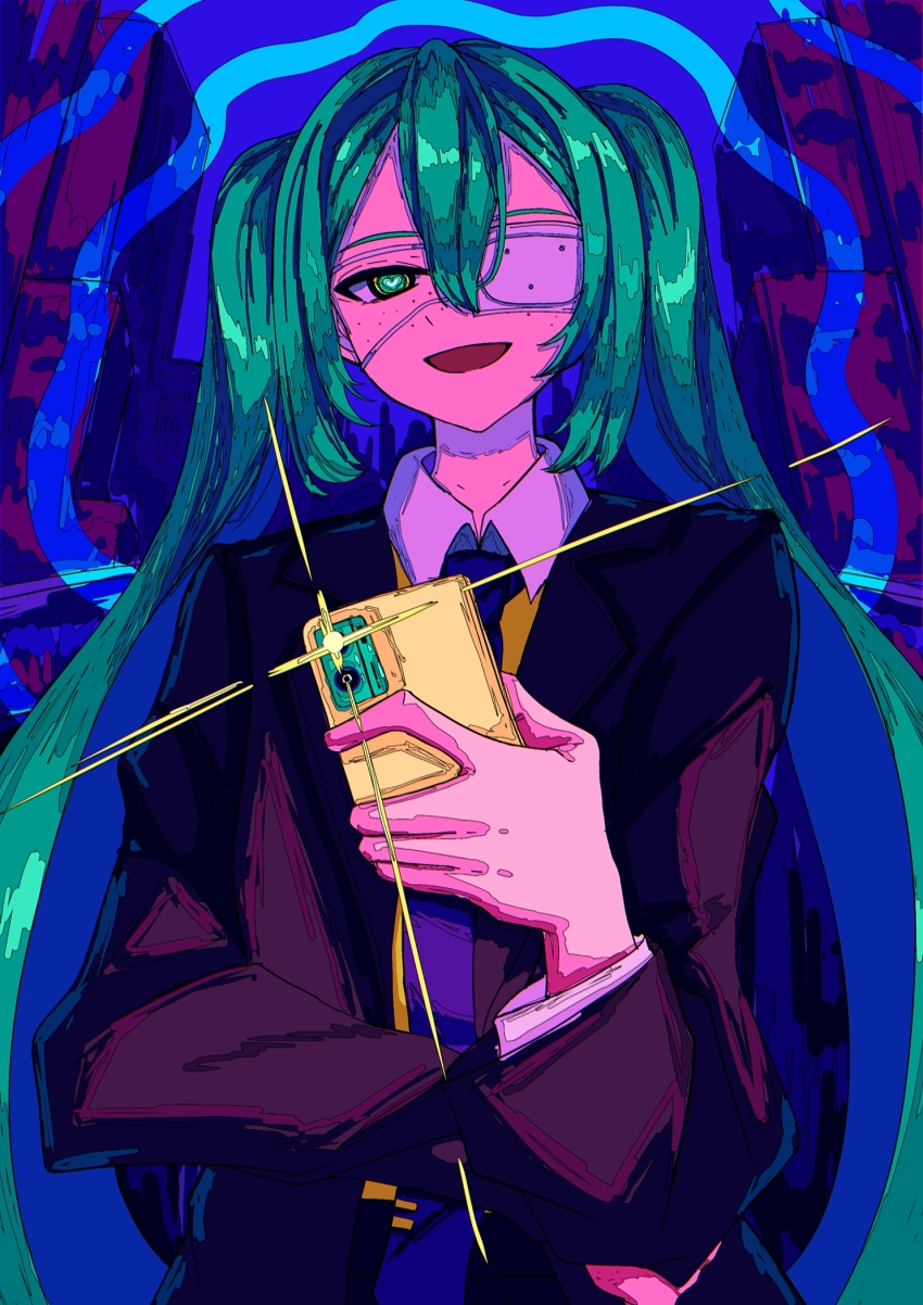 1girl abstract_background aqua_eyes aqua_hair artdroiiid_ii black_jacket blue_necktie building cellphone city cityscape collar collared_shirt colorful commentary diffraction_spikes double-parted_bangs dress_shirt english_commentary eyepatch freckles hatsune_miku heart heart-shaped_pupils highres holding holding_phone jacket long_bangs long_hair long_sleeves looking_at_viewer monitoring_(vocaloid) necktie official_alternate_costume one_eye_covered open_clothes open_jacket open_mouth phone shirt sidelocks skyscraper smartphone smile solo standing straight-on suit_jacket symbol-shaped_pupils twintails upper_body very_long_hair vocaloid white_collar yellow_shirt