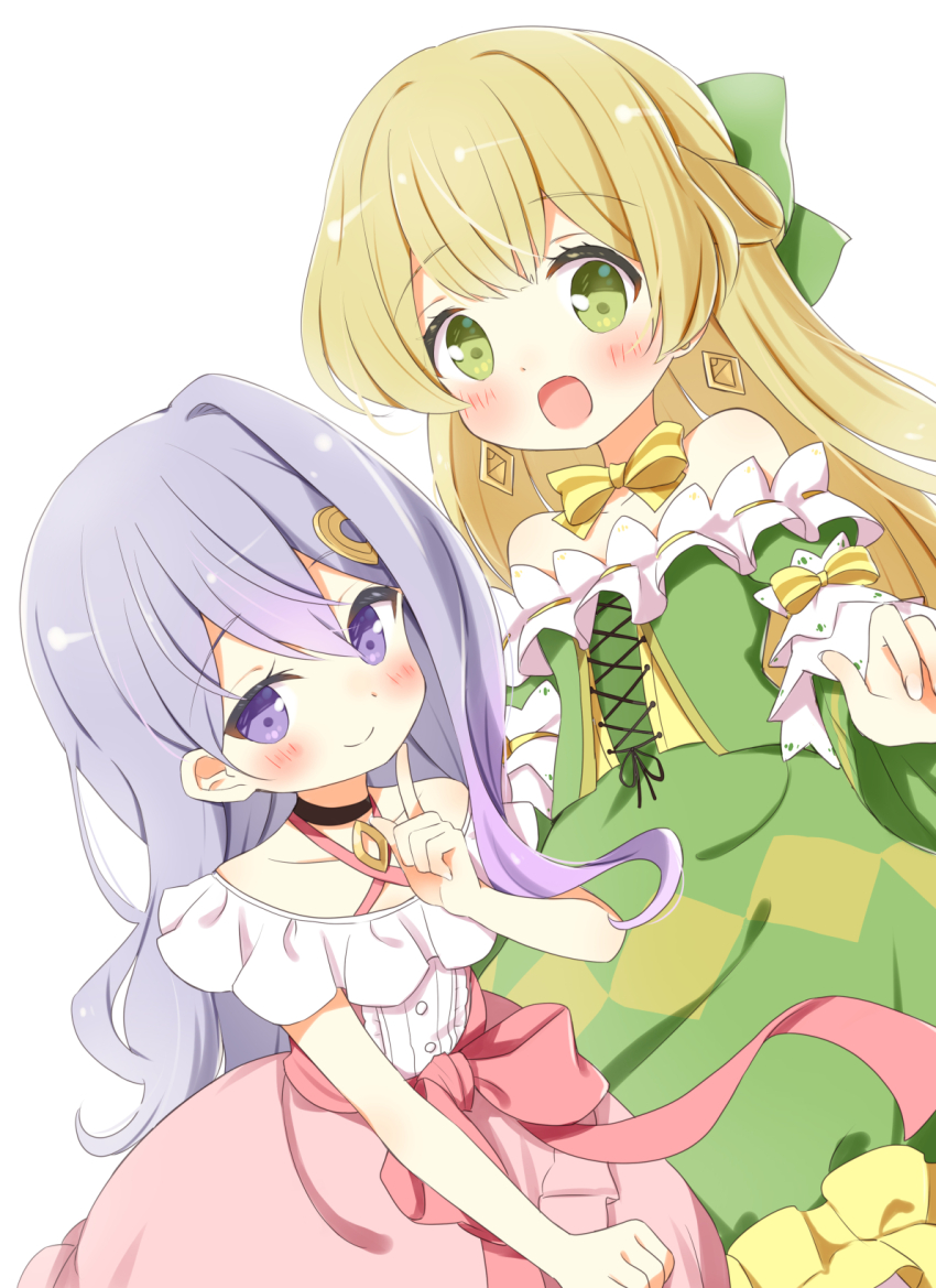 2girls black_choker blonde_hair blush choker collarbone cross-laced_clothes cross-laced_dress dress earrings green_dress green_eyes highres ichiyo12 jewelry long_hair looking_at_viewer multiple_girls open_mouth princess purple_eyes purple_hair ribbon silk_von_santana smile telestia_terra_esfort tensei_kizoku_no_isekai_boukenroku yellow_ribbon
