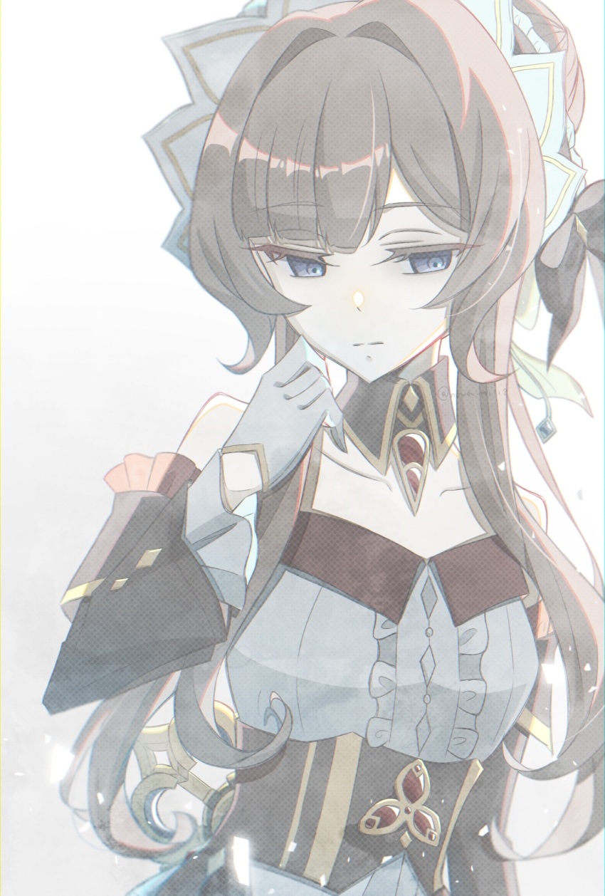 1girl bare_shoulders brown_hair closed_mouth detached_collar detached_sleeves dress genshin_impact gloves headdress highres long_hair nowa_mi112 sandrone_(genshin_impact) short_hair_with_long_locks simple_background solo upper_body