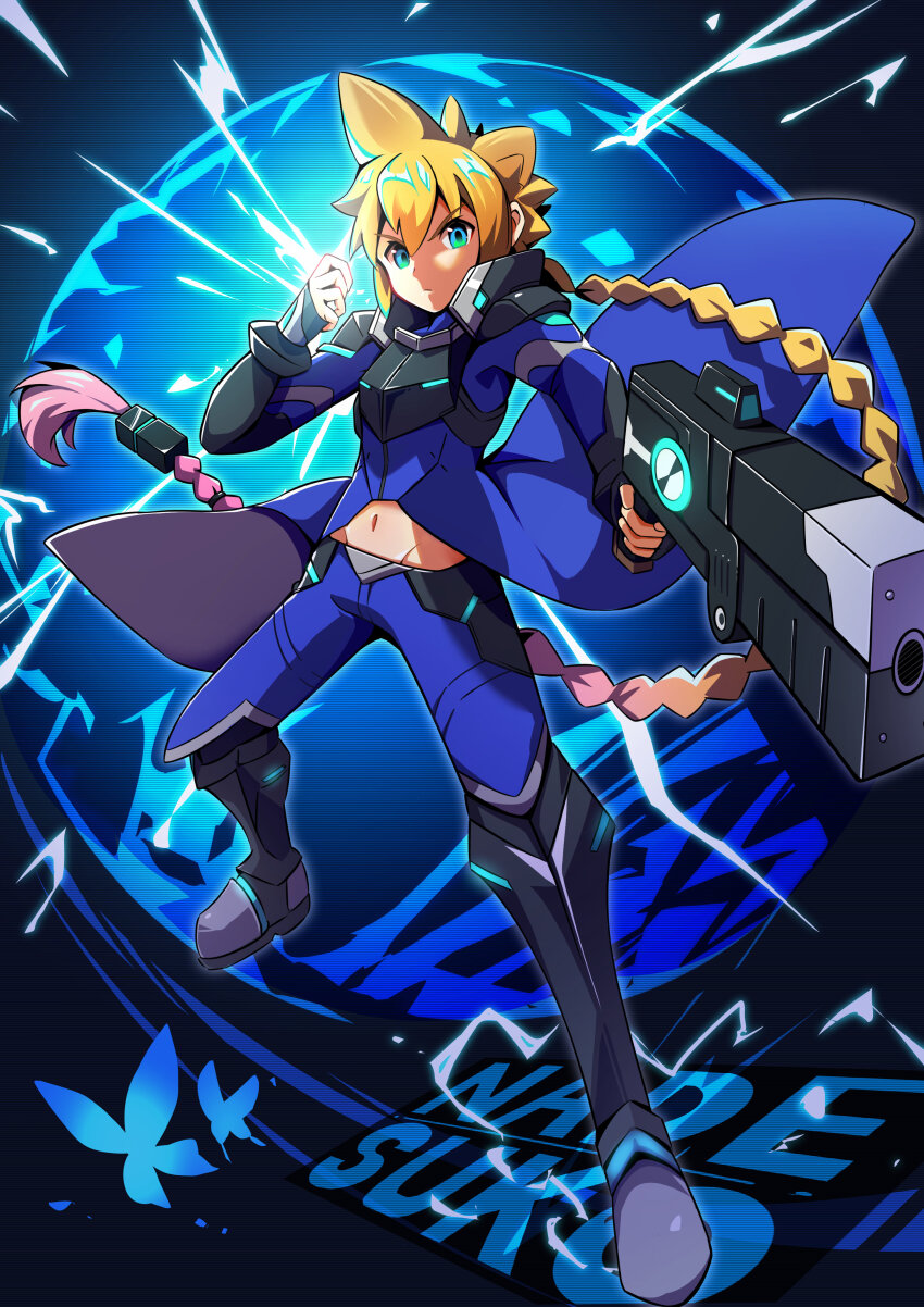 1boy absurdres azure_striker_gunvolt azure_striker_gunvolt_2 black_background blonde_hair blue_coat blue_eyes blue_pants braid braided_ponytail coat electricity gun gunvolt highres holding holding_gun holding_weapon male_focus nadesukos pants solo weapon