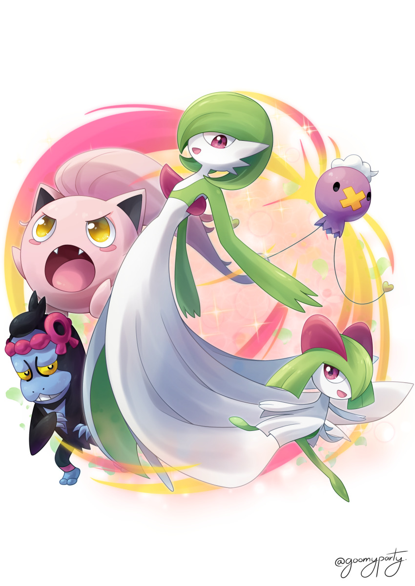 :d :o absurdres blush_stickers drifloon fangs game_freak gardevoir gen_3_pokemon gen_4_pokemon goom_(goomyparty) green_hair highres kirlia monkey munkidori nintendo open_mouth pokemon red_eyes scream_tail simple_background smile solid_oval_eyes twitter_username white_background x yellow_eyes