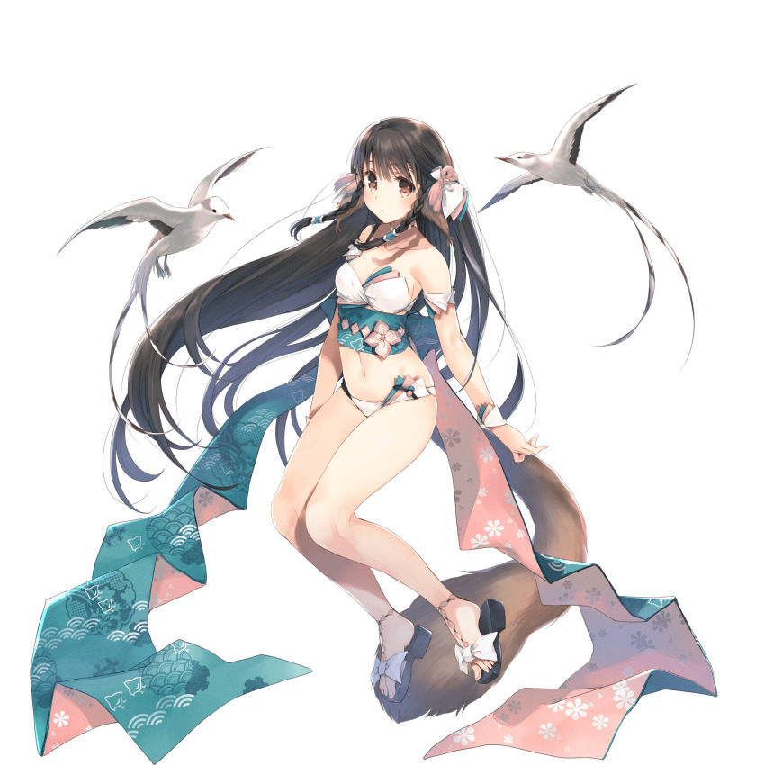 1girl ainu_clothes animal_ears black_hair bow braid full_body hair_between_eyes highres long_hair mitsumi_misato official_art red_eyes rulutieh solo twin_braids utawarerumono utawarerumono:_itsuwari_no_kamen