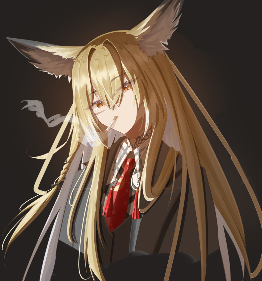 1girl absurdres airtair animal_ears arknights black_background black_jacket blonde_hair chinese_commentary cigarette commentary_request cropped_torso eyes_visible_through_hair facial_scar hair_between_eyes highres jacket long_hair necktie orange_eyes partial_commentary red_necktie scar scar_on_cheek scar_on_face smoke smoking solo tassel vulpisfoglia_(arknights)