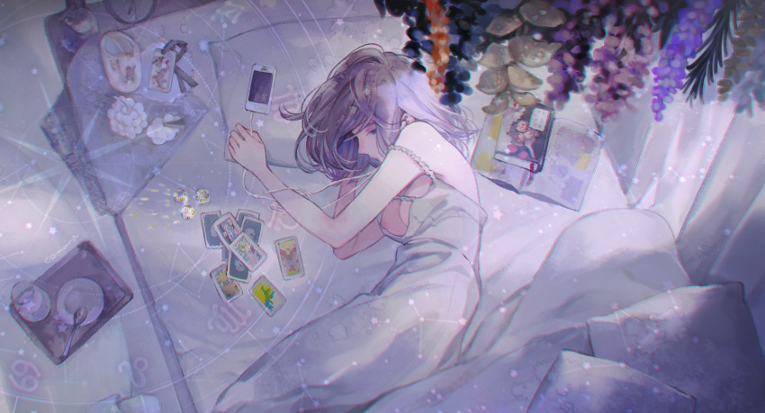 1girl artist_name bed bed_sheet book breasts cancer_(zodiac) card cellphone closed_eyes closed_mouth constellation cup curtains dress earphones flower highres iphone komyu_(masheri) lavender_(flower) leo_(zodiac) libra_(zodiac) light_particles lilac lying magazine_(object) medium_breasts medium_hair nipples on_bed on_side original phone pillow plate polaris_(star) profile purple_flower purple_hair sagittarius_(zodiac) scorpio_(zodiac) smartphone solo spoon star_(symbol) tarot tarot_card virgo_(zodiac) white_dress white_flower zodiac