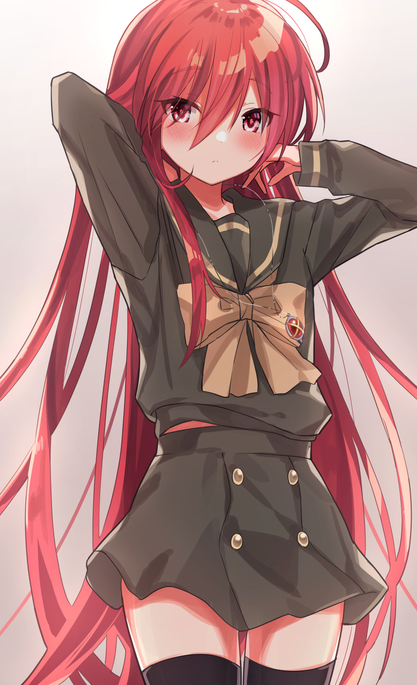 1girl absurdres arms_behind_back beige_bow black_thighhighs cowboy_shot dot_nose gradient_background green_skirt grey_background highres long_hair looking_at_viewer pink_eyes ponpon_nun red_hair school_uniform serafuku shakugan_no_shana shana skirt solo thighhighs very_long_hair