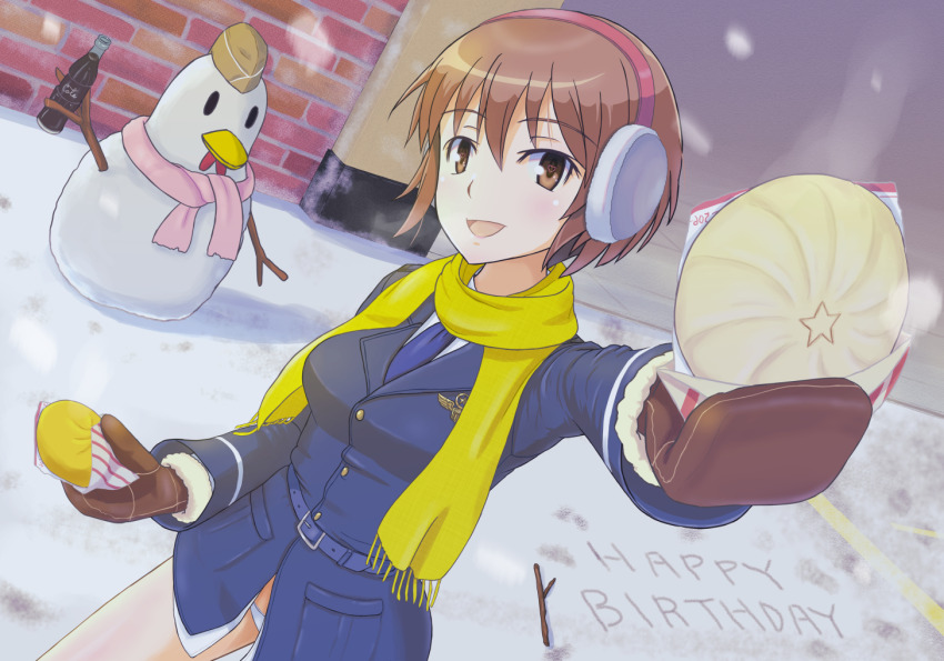 1girl blush breasts brown_eyes brown_gloves brown_hair coca-cola earmuffs food gloves happy_birthday jennifer_j_deblanc keicha_(kmoekaki) large_breasts looking_at_viewer military military_uniform noble_witches open_mouth outdoors panties short_hair smile snow snowman solo underwear white_panties world_witches_series