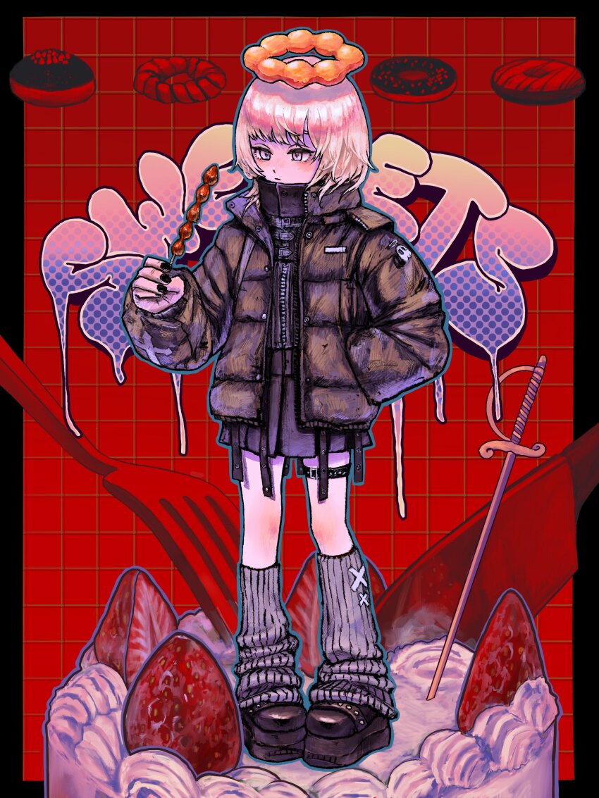 1girl absurdres belt black_belt black_boots black_border black_jacket black_nails black_shirt black_skirt boots border cake checkered_background closed_mouth commentary cross cross_print donut english_commentary english_text food fork full_body green_outline grey_leg_warmers halo hand_in_pocket highres holding holding_food jacket kitchen_knife leg_warmers looking_at_food lui_n24 open_clothes open_jacket orange_halo original outline outside_border pink_eyes pink_hair purple_outline rapier red_background shirt short_hair skirt solo standing strawberry_cake sword thigh_belt thigh_strap weapon zipper