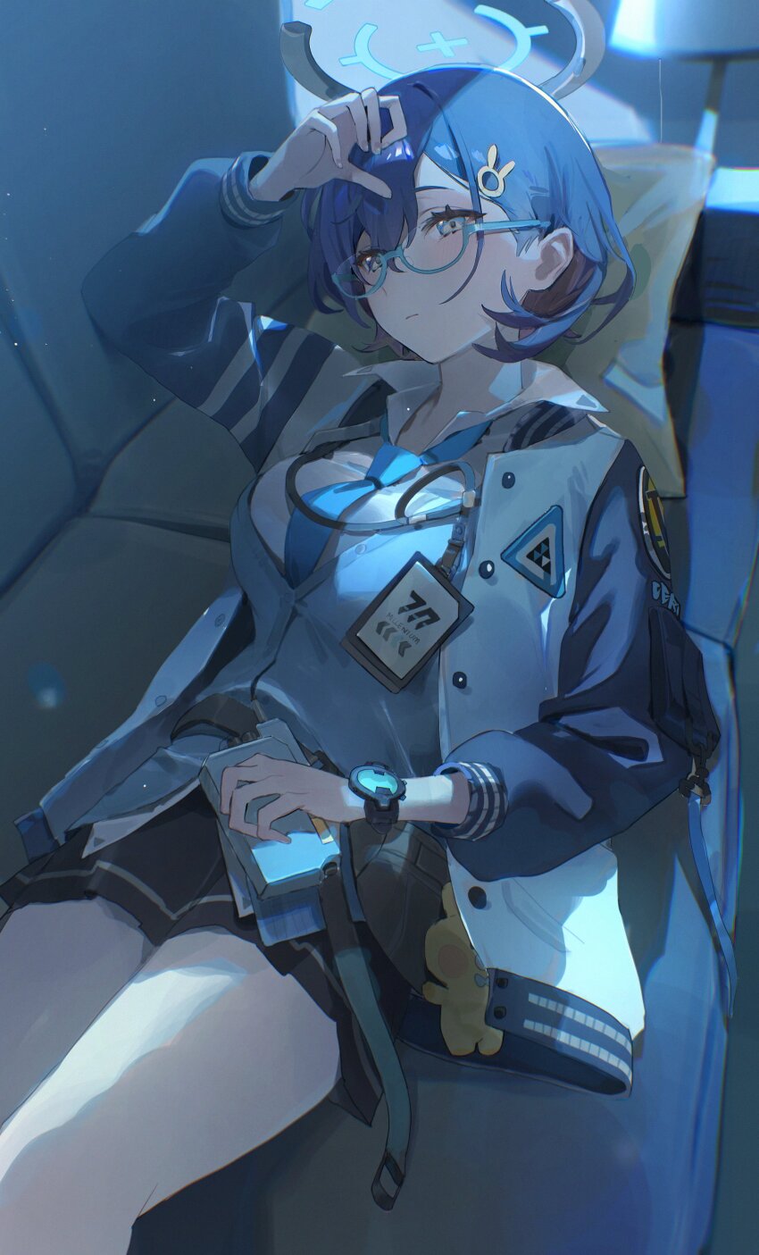 1girl absurdres black_skirt blue-framed_eyewear blue_archive blue_hair blue_necktie blue_vest chihiro_(blue_archive) couch flatshi glasses hair_between_eyes hair_ornament hand_on_own_head head_on_pillow highres holding_radio jacket letterman_jacket multicolored_jacket necktie on_couch pillow rabbit_hair_ornament shirt skirt vest watch white_shirt wristwatch