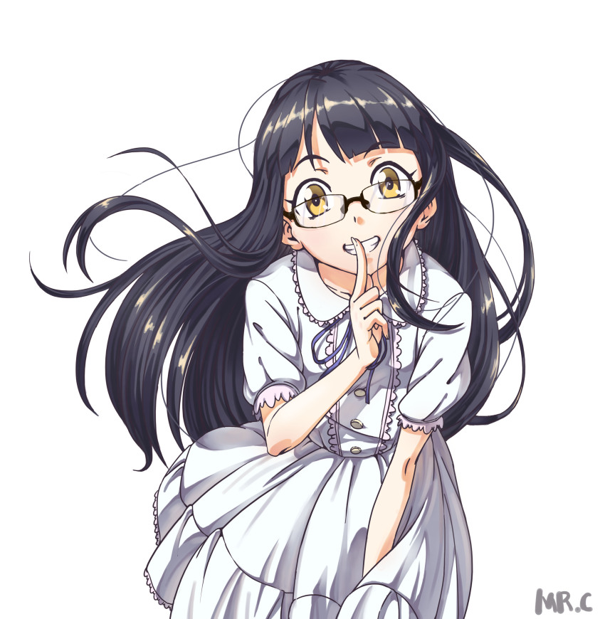 1girl absurdres artist_name black_hair blunt_bangs character_request copyright_request dress female_focus finger_to_mouth floating_hair glasses grin highres hime_cut index_finger_raised long_hair looking_at_viewer mr.c_(bchana) original puffy_short_sleeves puffy_sleeves short_sleeves simple_background smile solo tareme white_background white_dress yellow_eyes