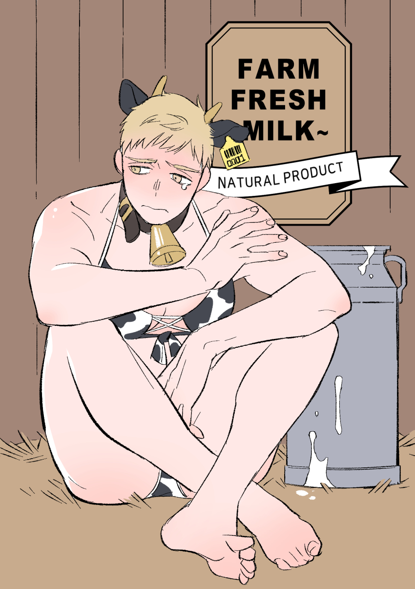 1boy absurdres animal_collar animal_ears animal_print bell bikini blonde_hair brown_background collar commentary cow_boy cow_ears cow_horns cow_print cow_print_bikini crossdressing daki_info dungeon_meshi english_text full_body hay highres horns indoors knees_up laios_touden looking_to_the_side male_focus neck_bell print_bikini short_hair sitting solo swimsuit symbol-only_commentary teardrop yellow_eyes