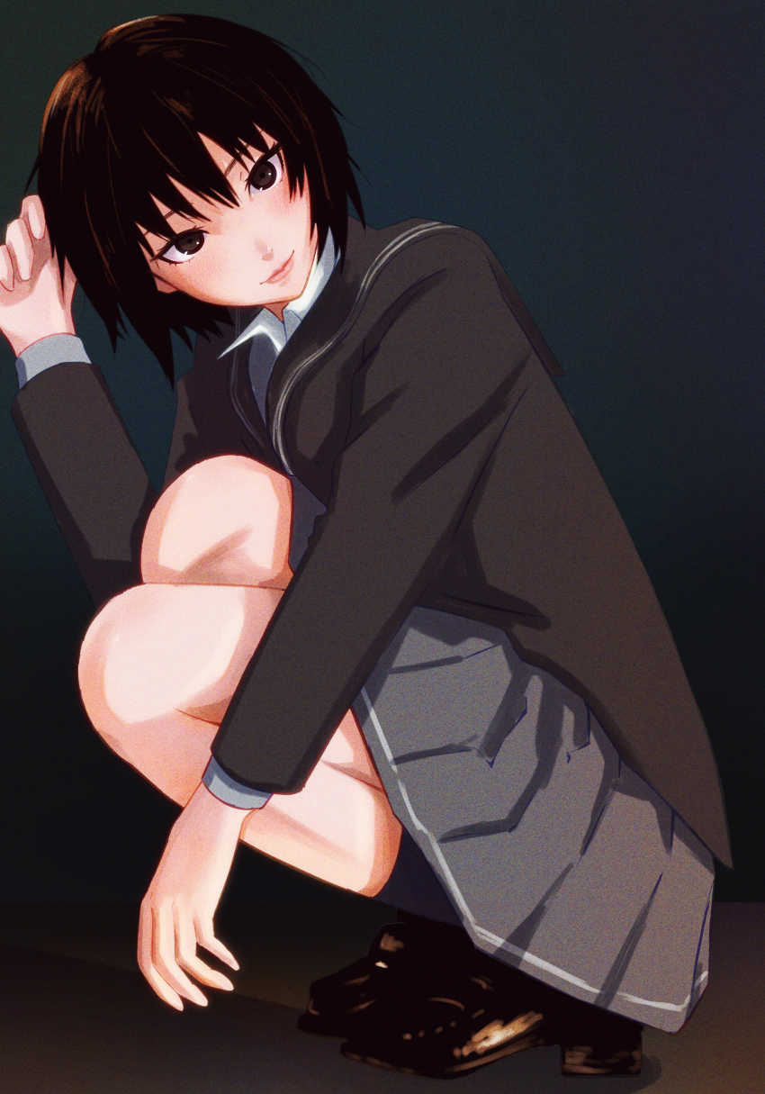 1girl absurdres amagami black_background black_jacket black_sailor_collar black_socks blazer blush brown_background brown_eyes brown_hair brown_shoes collared_shirt commentary curled_fingers dress_shirt eyelashes film_grain from_side full_body gradient_background green_background grey_skirt hair_between_eyes hand_up head_tilt highres jacket kibito_high_school_uniform leaning_forward light_blush light_smile lips loafers long_sleeves looking_at_viewer looking_to_the_side nanasaki_ai oshizu pink_lips playing_with_own_hair pleated_skirt sailor_collar school_uniform shirt shoes short_hair skirt smile socks solo squatting white_shirt