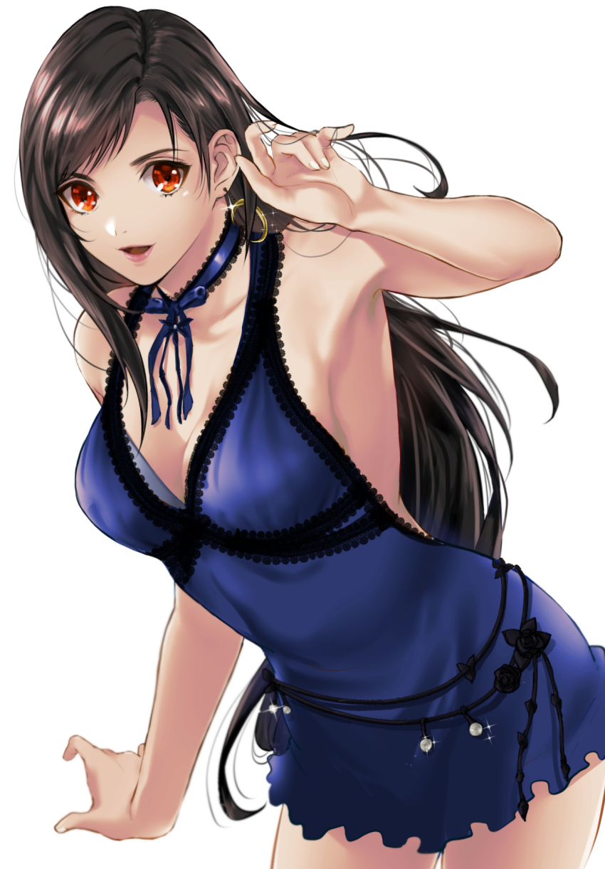1girl arm_at_side armpits bare_arms bare_shoulders beckey9415 black_hair blue_bow blue_bowtie blue_dress bow bowtie breasts cleavage crescent crescent_earrings dress earrings final_fantasy final_fantasy_vii final_fantasy_vii_remake frilled_dress frills hand_up highres jewelry large_breasts leaning leaning_forward lips lipstick long_hair looking_at_viewer makeup neck official_alternate_costume open_mouth orange_eyes pink_lips short_dress simple_background sleeveless sleeveless_dress smile square_enix standing straight_hair string_belt swept_bangs tifa_lockhart tifa_lockhart_(refined_dress) very_long_hair wall_market white_background