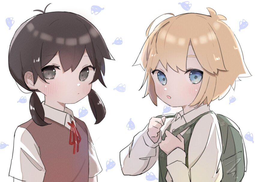 1boy 1girl absurdres alternate_sleeve_length antenna_hair arms_at_sides backpack bag basil_(faraway)_(omori) basil_(omori) black_eyes black_hair blonde_hair blue_eyes blush brown_sweater_vest character_print closed_mouth collared_shirt dot_nose expressionless flat_chest genderswap genderswap_(mtf) green_bag green_sweater_vest hair_behind_ear hair_between_eyes hands_up hashtag-only_commentary highres kat_yandere long_sleeves looking_at_viewer low_twintails mewo neck_ribbon omori open_mouth red_ribbon ribbon shirt short_hair short_twintails simple_background sunny_(omori) sweater_vest twintails upper_body white_background white_shirt