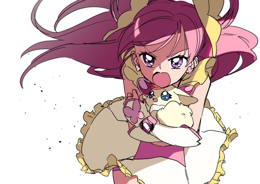 absurdres angry bike_shorts buntatta butterfly_brooch butterfly_earrings butterfly_hair_ornament coco_(yes!_precure_5) cure_dream dress earrings frilled_dress frilled_sleeves frills hair_ornament highres holding jewelry long_hair open_mouth pink_hair pinky_catch precure purple_eyes white_background wrist_cuffs yes!_precure_5