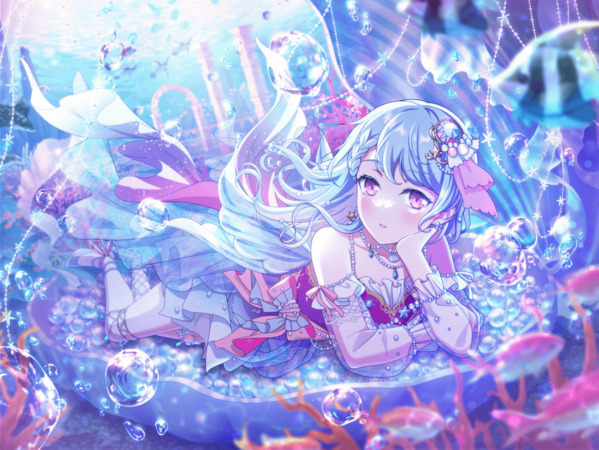1girl air_bubble asymmetrical_legwear bang_dream! blue_hair blurry blurry_background blurry_foreground braid braided_bangs bubble coral crossed_arms dress earrings fish floating_hair garter_straps gem half-closed_eyes hand_on_own_cheek hand_on_own_face head_rest high_heels jewelry long_hair looking_to_the_side lying matsubara_kanon mismatched_legwear multicolored_hair necklace official_art on_stomach oyster parted_lips pearl_(gemstone) pearl_earrings pearl_hair_ornament pearl_necklace see-through_clothes see-through_skirt see-through_sleeves skirt star_(symbol) star_earrings third-party_source two-tone_hair underwater white_hair