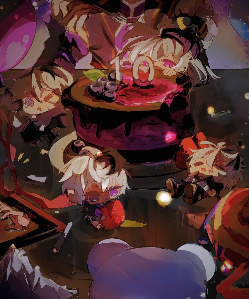 5girls ahoge androgynous arm_warmers balloon bandages bee birthday_cake black_hair blue_eyes boots bug cake cevio choker ci_flower corset flower_(gynoid_talk) flower_(vocaloid) flower_(vocaloid3) flower_(vocaloid4) food fork fruit happy_birthday high_ponytail highres holding holding_food holding_fork holding_fruit insect jacket long_hair lying milimoxiangzi mini_person minigirl multicolored_hair multiple_girls ponytail purple_hair short_hair short_hair_with_long_locks shorts stuffed_animal stuffed_toy tearing_up teddy_bear tomboy two-tone_hair vocaloid white_hair