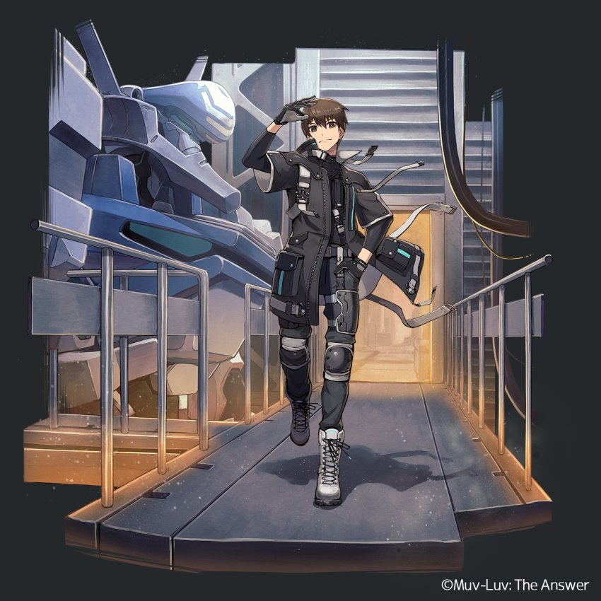 1boy black_gloves black_jacket black_pants black_shirt boots brown_eyes brown_hair gloves grey_boots hand_in_pocket highres jacket kuroi_susumu male_focus mecha muv-luv muv-luv:_dimensions muv-luv_alternative pants robot science_fiction shirogane_takeru shirt smile solo tactical_surface_fighter type_94_shiranui visor walking