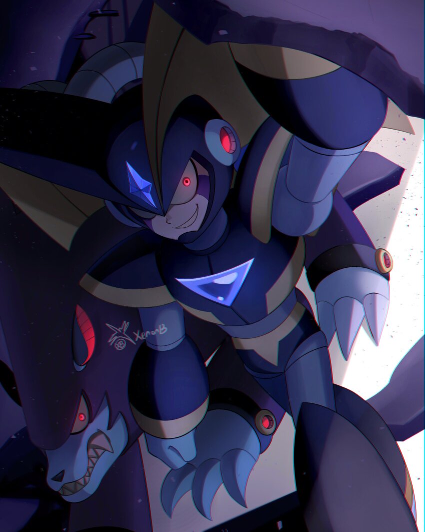 1boy absurdres armor bass_(mega_man) black_armor black_helmet chest_jewel facial_mark forehead_jewel glowing glowing_eyes helmet highres looking_at_viewer male_focus mega_man_(classic) mega_man_(series) non-humanoid_robot red_eyes robot robot_animal robot_dog sharp_teeth shoulder_armor smirk teeth treble_(mega_man) twitter_username xenon_(xenonb)