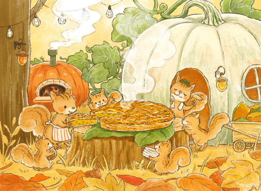 acorn animal apron autumn autumn_leaves brown_fur chimney food food_focus furnace grass holding holding_plate lamp lantern leaf light_bulb maple_leaf nature no_humans on_grass orange_sky orange_theme original plant plate plate_stack pumpkin round_window sky smoke squirrel steam string string_of_light_bulbs striped_apron striped_clothes tokoyu tree tree_stump vegetable vertical-striped_apron vertical-striped_clothes wheelbarrow white_apron white_pumpkin window
