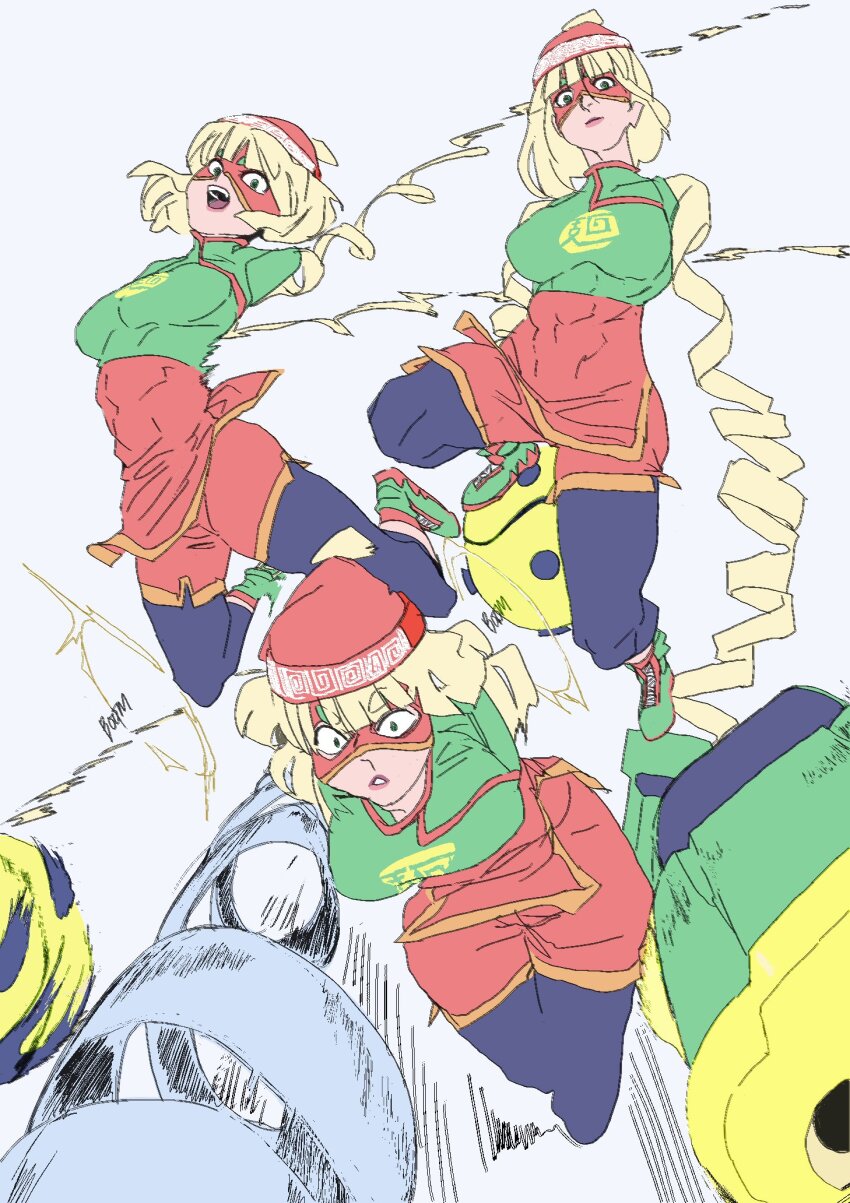 1girl abs armor arms_(game) beanie blonde_hair blue_background blunt_bangs dragon_(arms) full_body hat highres layeyes leggings leggings_under_shorts mask medium_hair megawatt_(arms) min_min_(arms) multiple_views muscular muscular_female nintendo open_mouth parted_lips pink_lips shorts
