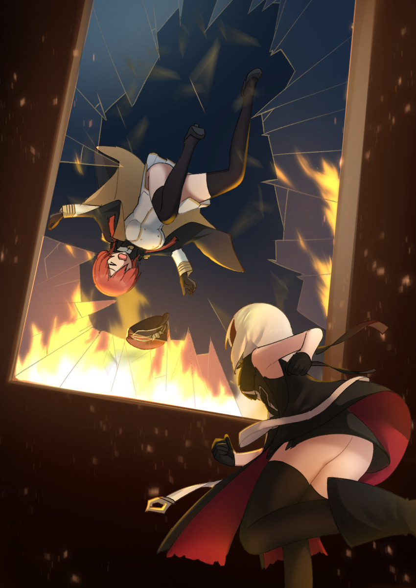 &gt;_&lt; 2girls azur_lane bare_shoulders bent_over black_coat black_dress black_gloves bon_homme_richard_(meta)_(azur_lane) boots breaking_through_window broken_glass broken_window brown_hair coat commission defenestration dress falling fire from_behind full_body fur-trimmed_coat fur_trim glass gloves highres leaning_forward long_hair medium_hair monarch_(azur_lane) multiple_girls open_clothes open_coat parallelrey pixiv_commission scared screaming shirt sleeveless sleeveless_dress standing standing_on_one_leg thighhighs thighs throwing throwing_person upside-down upskirt white_hair white_shirt