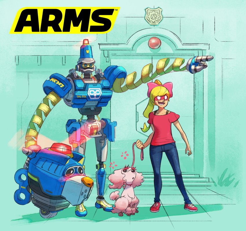 1girl 2boys aqua_background arms_(game) barq blonde_hair byte_(arms) denim highres jeans leash logo mask multiple_boys nintendo official_art open_mouth pants pointing ponytail poodle red_shirt robot rotating_light shirt simple_background smile yamamoto_yuu