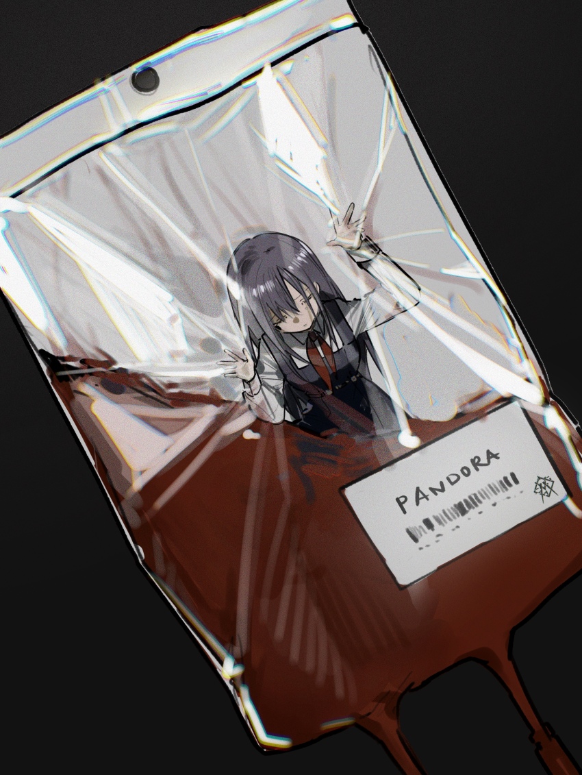 1girl absurdres angelia_(girls&#039;_frontline) black_background black_dress black_hair blood blood_bag blueblossom closed_eyes collared_shirt commentary dress english_commentary english_text girls&#039;_frontline highres long_hair long_sleeves neckerchief red_neckerchief shirt simple_background solo stuck stuck_in_object trapped white_shirt