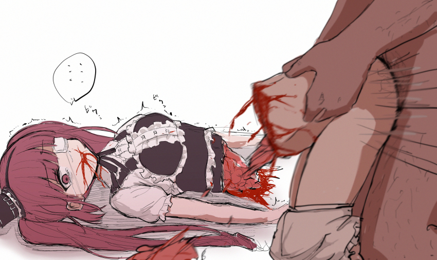 1boy 1girl bisected blood bloomers bloomers_pull breasts brown_eyes brown_hair dying eyepatch gothic_lolita guro hanazono_yurine hetero highres jashin-chan_dropkick lolita_fashion necrophilia nishida8888 organs sex simple_background small_breasts underwear white_background white_bloomers