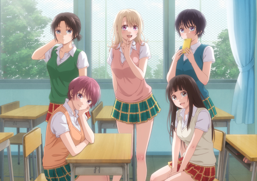 5girls :d aqua_sweater_vest arched_bangs arm_at_side arm_behind_back arm_on_table arm_rest between_legs black_eyes black_hair blonde_hair blush brown_hair brown_sweater_vest cellphone chain-link_fence chair classroom closed_mouth collared_shirt curtained_hair day desk dress_shirt elbow_on_table elbow_rest fence green_eyes green_skirt green_sweater_vest hand_between_legs hand_on_own_cheek hand_on_own_chin hand_on_own_face hand_on_own_neck hand_up hands_up haruno_tsubomi head_tilt holding holding_phone indoors kawai_mona key_visual kuroiwa_medaka_ni_watashi_no_kawaii_ga_tsuujinai leaning_forward legs_apart light_rays long_hair long_sidelocks looking_at_viewer medium_hair miniskirt multiple_girls nanba_tomo official_art on_chair open_collar open_mouth orange_sweater_vest parted_bangs phone pink_eyes pink_hair pink_sweater_vest plaid_clothes plaid_skirt pleated_skirt ponytail promotional_art purple_eyes red_skirt rounded_collar school school_chair school_desk shirahama_minami shirt short_hair short_ponytail short_sleeves shounan_asahi sidelocks sitting skirt sky smartphone smile standing sunbeam sunlight sweater_vest swept_bangs teeth tile_floor tiles tree upper_teeth_only v v_arms white_shirt window