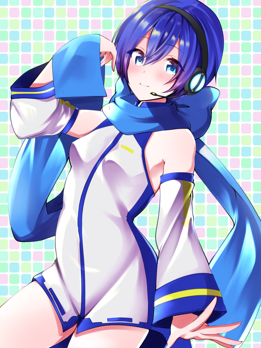 1girl blue_eyes blue_hair blue_nails blue_scarf fanloid hand_up highres kaiko_(vocaloid) looking_at_viewer nail_polish scarf smile vocaloid white_blue