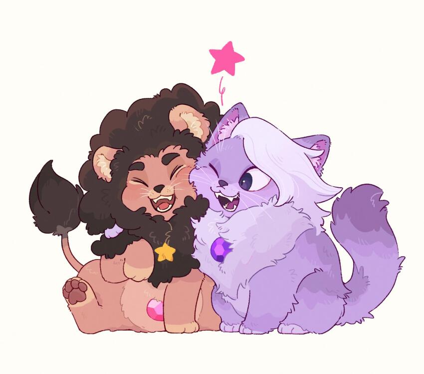 ;d amethyst_(steven_universe) animal animal_focus animalization cat cheek-to-cheek cheek_press chest_jewel closed_eyes fangs full_body gem heads_together highres hua_hua_de_meme lion one_eye_closed open_mouth pink_gemstone purple_fur purple_gemstone red_fur sitting smile star_(symbol) steven_quartz_universe steven_universe white_background