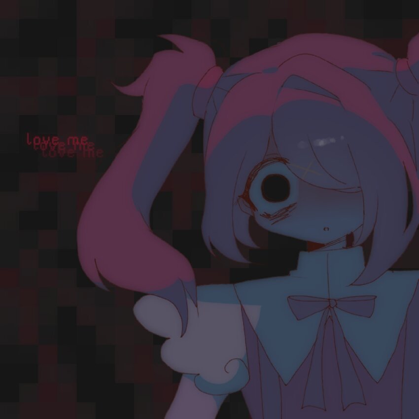 1girl ame-chan_(needy_girl_overdose) bags_under_eyes black_eyes black_ribbon brown_background commentary constricted_pupils deliriumcenter english_text hair_over_one_eye highres long_hair looking_at_viewer neck_ribbon needy_girl_overdose open_mouth red_shirt ribbon shirt solo suspenders symbol-only_commentary twintails upper_body wide-eyed