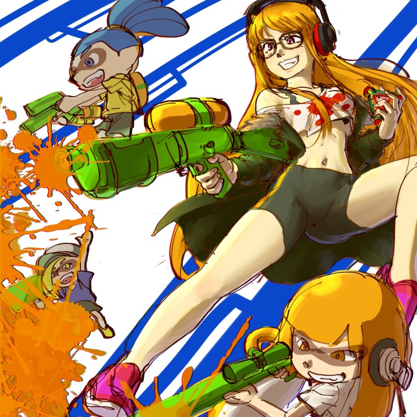 2boys 2girls bike_shorts black_bra black_shorts bra cropped_shirt crossover dual_wielding glasses green_jacket grin gun headphones highres holding holding_gun holding_weapon ink ink_splatter inkling_boy inkling_girl inkling_player_character jacket long_hair midriff multiple_boys multiple_girls navel nintendo off-shoulder_shirt off_shoulder orange_hair persona persona_5 pink_shoes poechan_chan sakura_futaba scope shirt shoes shorts single_vertical_stripe smile sneakers splat_bomb_(splatoon) splatoon_(series) sports_bra underwear weapon