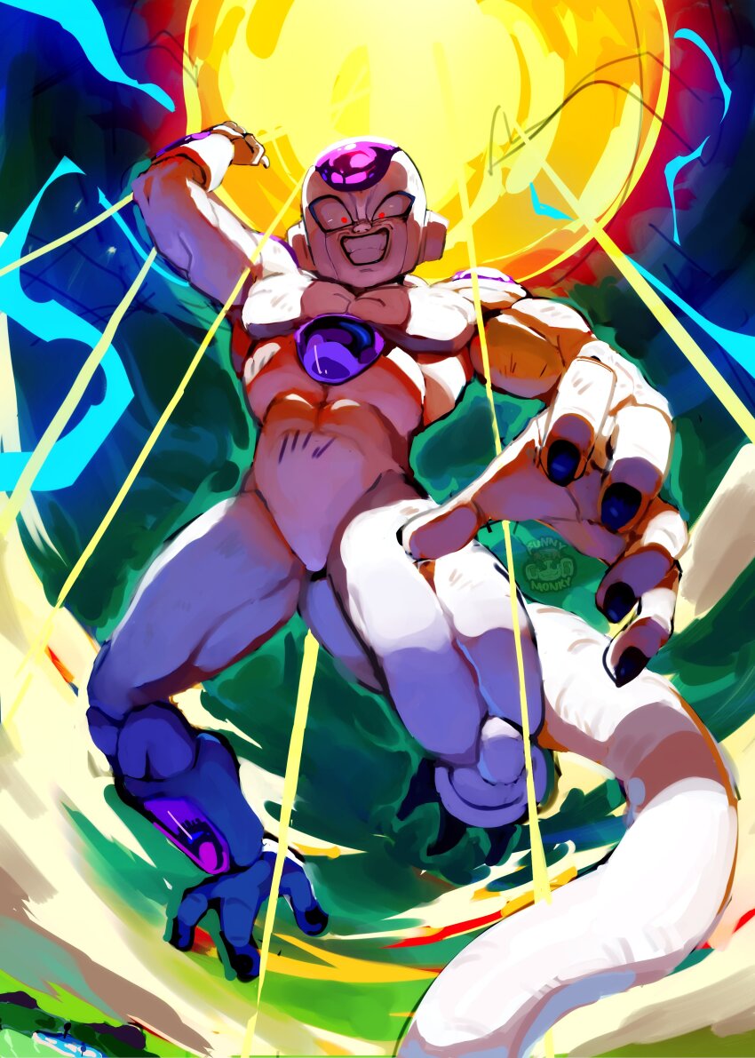 1boy absurdres aura cloud colored_skin dragon_ball dragonball_z final_form_frieza frieza full_body funnismonkis glowing glowing_eyes highres incoming_attack looking_at_viewer multicolored_skin powering_up red_eyes solo tail two-tone_skin white_skin