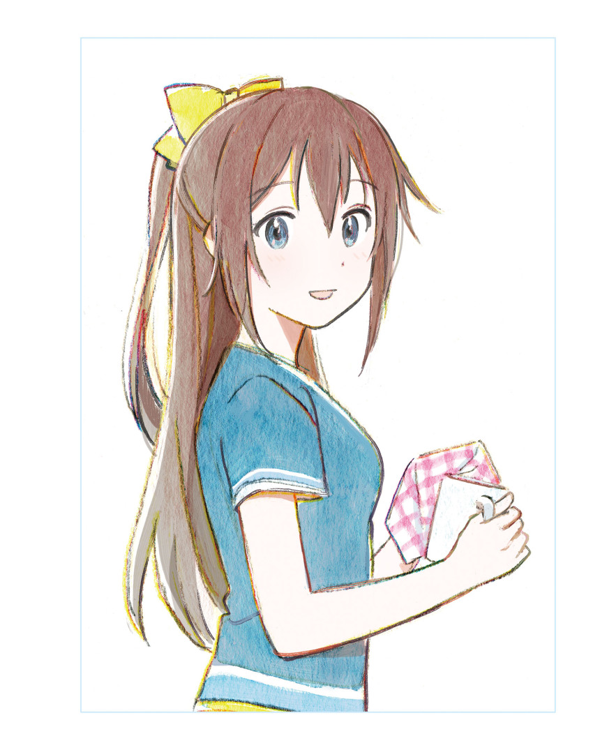 1girl artbook blue_eyes blue_shirt bow brown_hair hair_between_eyes hair_bow highres holding long_hair looking_at_viewer love_live! love_live!_nijigasaki_high_school_idol_club neo_sky_neo_map!_(love_live!) non-web_source official_art open_mouth osaka_shizuku ponytail shirt short_sleeves sidelocks simple_background smile solo upper_body white_background yellow_bow