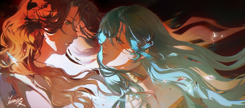 37_(reverse:1999) absurdres artist_name backlighting bare_shoulders blue_eyes blue_hair crying crying_with_eyes_open eye_contact face-to-face floating_hair from_side gold_choker green_eyes hair_between_eyes highres long_hair looking_at_another portrait profile red_hair reverse:1999 signature sophia_(manus_vindictae)_(reverse:1999) sophia_(reverse:1999) streaming_tears tears very_long_hair wavy_hair yosano_hedu