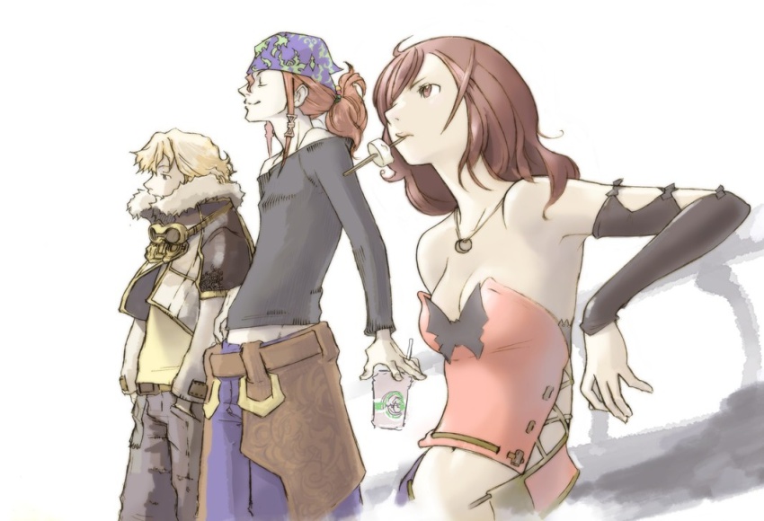 belle belle_(cc) blonde_hair blue_eyes breasts brown_eyes brown_hair clavat cleavage final_fantasy final_fantasy_crystal_chronicles final_fantasy_crystal_chronicles_the_crystal_bearers goggles jacket keiss layle official_art selkie