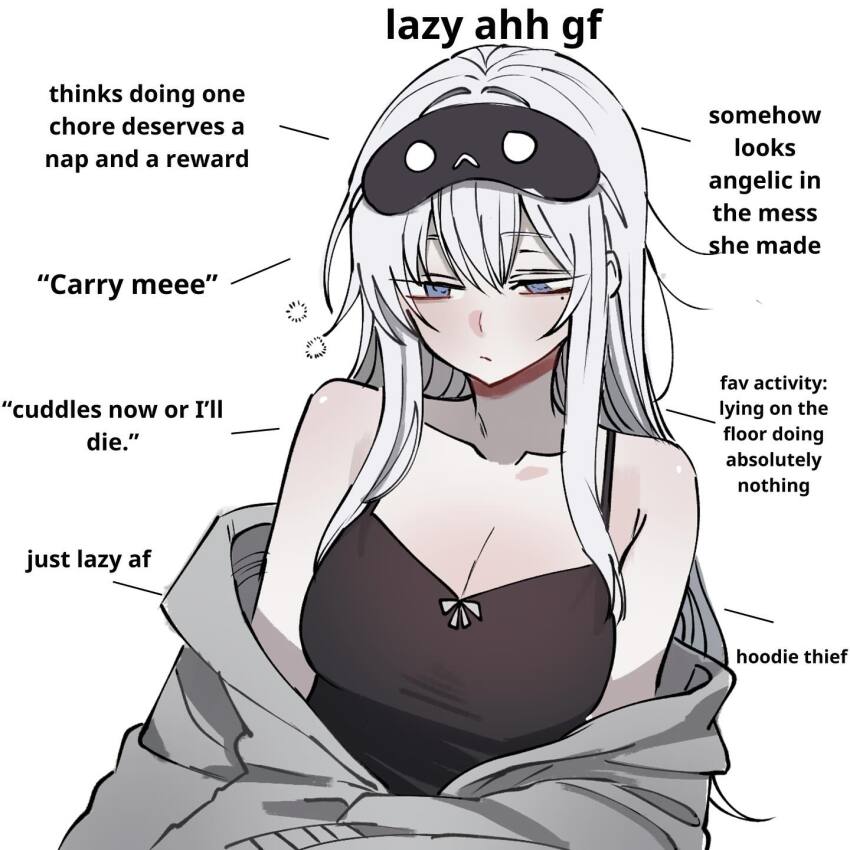 1girl bare_shoulders blue_eyes breasts cleavage clothing_request collarbone commentary english_commentary english_text grey_jacket hair_between_eyes highres hood hoodie jacket jacket_partially_removed long_hair medium_breasts mole mole_under_eye original ryuthefish sidelocks simple_background sleep_mask sleepy solo squeans white_background white_hair